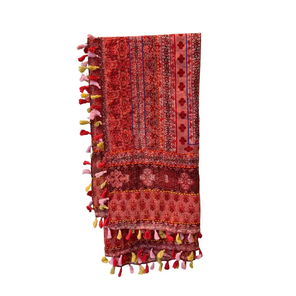 Charlie Paige Red Pink Paisley Cotton Scarf Tassel Trim Boho Square Wrap 38x38
